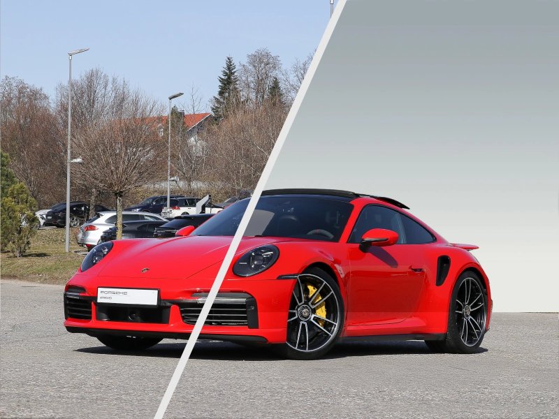 Antes y después de eliminación parcial de fondo en coche de alta gama, manteniendo el suelo original