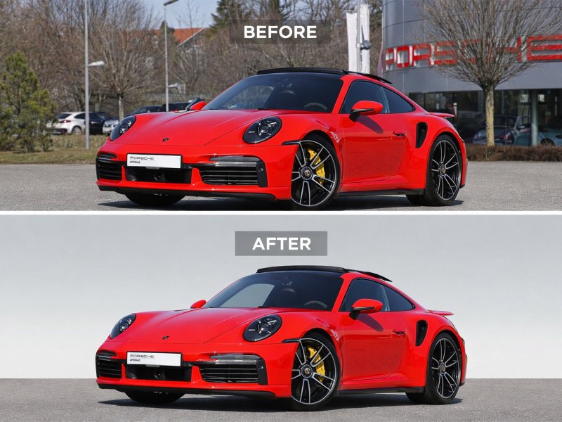 Full-cut background removal before and after showing complete background and floor removal on a high-end car