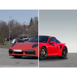 Comparación antes y después con fondo eliminado y coche de alta gama completamente aislado