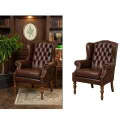 Sillón de cuero marrón recortado con fondo blanco para catálogo de muebles online.