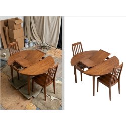 Recorte de conjunto de comedor de madera visto desde arriba con fondo blanco profesional.