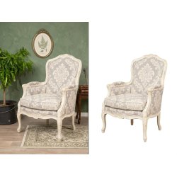 Before and after background removal of a vintage fabric armchair on a white background for online catalogs.