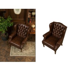Top-view brown leather armchair with removed background for a furniture catalog.