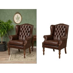 Antes y después de eliminación de fondo para sillón de cuero marrón con fondo blanco profesional.