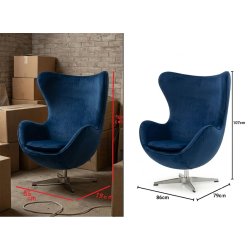Image editing of blue armchair with dimensions and shadow for e-commerce