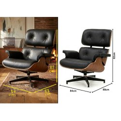 Edición de imagen de sillón lounge de cuero negro con medidas y sombra