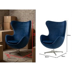 Image editing of blue swivel armchair with dimensions without shadow