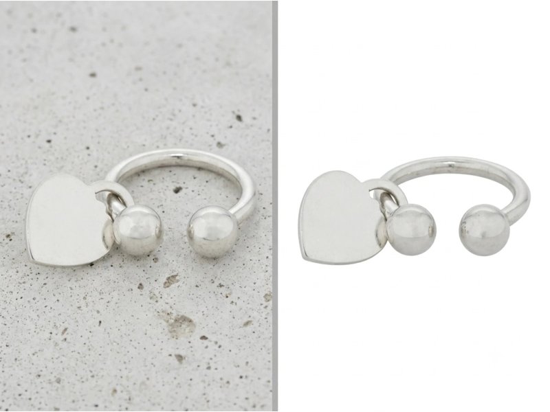 Edición de imagen de anillo plateado con colgante de corazón retocado sobre fondo blanco sin sombra