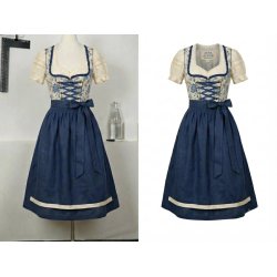 Vestido dirndl azul y crema antes y después del efecto maniquí invisible con interior del cuello y etiqueta visibles