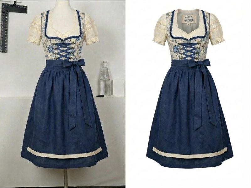 Vestido dirndl azul y crema antes y después del efecto maniquí invisible con interior del cuello y etiqueta visibles