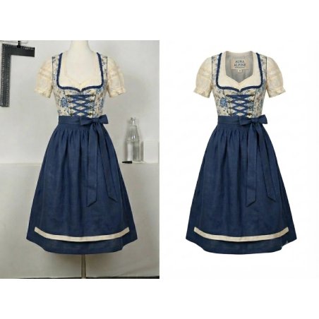 Vestido dirndl azul y crema antes y después del efecto maniquí invisible con interior del cuello y etiqueta visibles