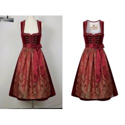 Blau-cremefarbenes Dirndl vor und nach der Unsichtbare-Mannequin-Bearbeitung mit sichtbarer Innenansicht und Kleidungsetikett
