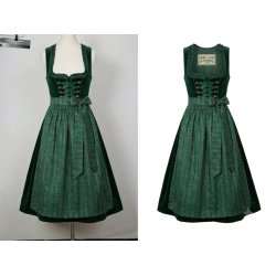 Vestido dirndl verde antes y después del efecto maniquí invisible con interior del cuello y etiqueta visibles