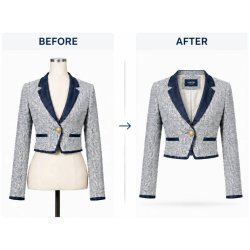 Antes y después de edición Hollowman para chaqueta con maniquí invisible, etiqueta interior visible y fondo blanco