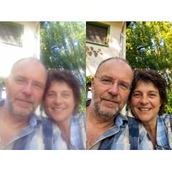 Restauración de foto antes y después con retrato borroso mejorado en nitidez y claridad