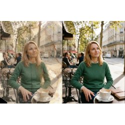 Restauración de foto antigua antes y después con reparación de daños y corrección de color en retrato