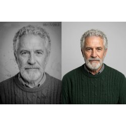Old portrait restoration before and after with enhanced clarity and detail improvement