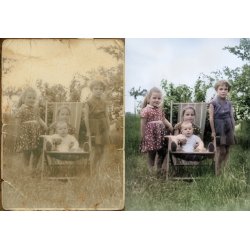 Restauración de foto antigua antes y después con imagen familiar dañada reparada y colorizada