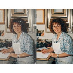 Restauración de foto antigua antes y después con retrato dañado reparado eliminando arañazos y mejorando detalles