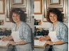 Old photo restoration before and after showing damaged portrait repaired with scratch removal and enhanced details